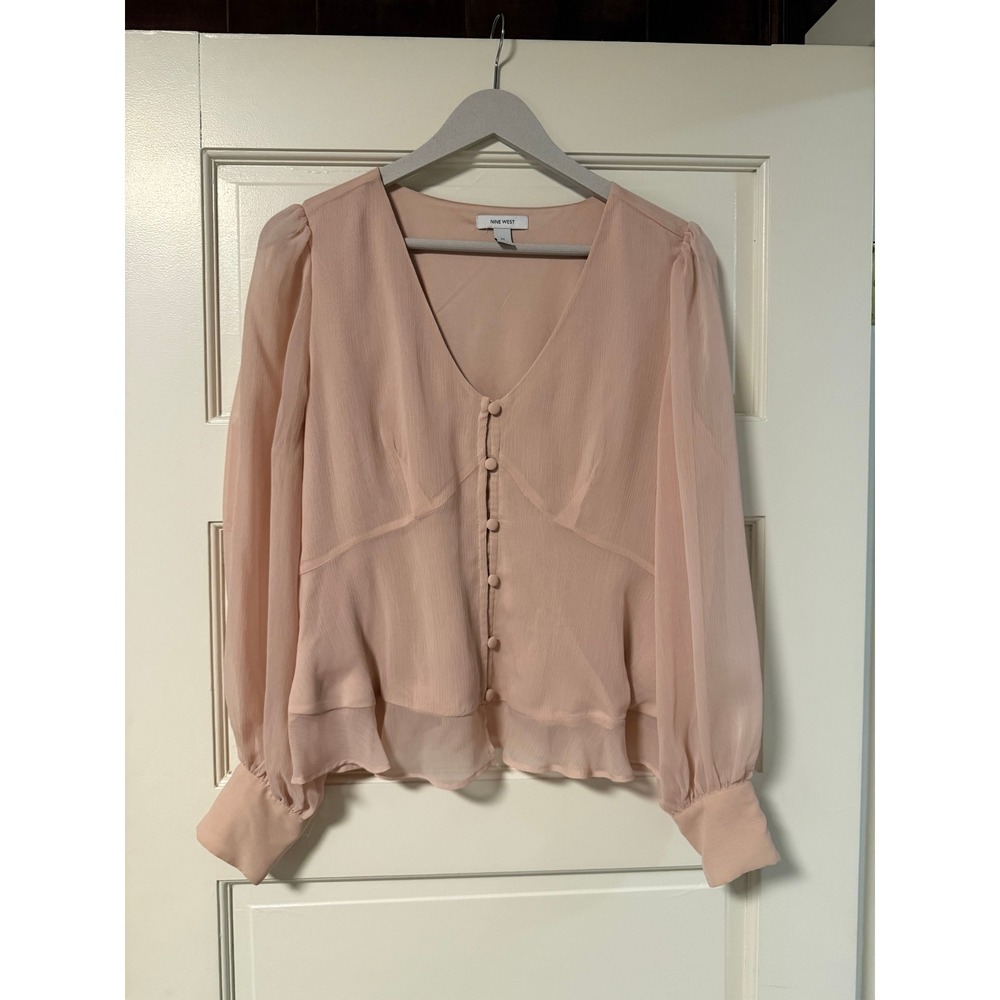 Nine West Blush Pink V-Neck Peplum Blouse Sheer Long Sleeve Button Front Size M